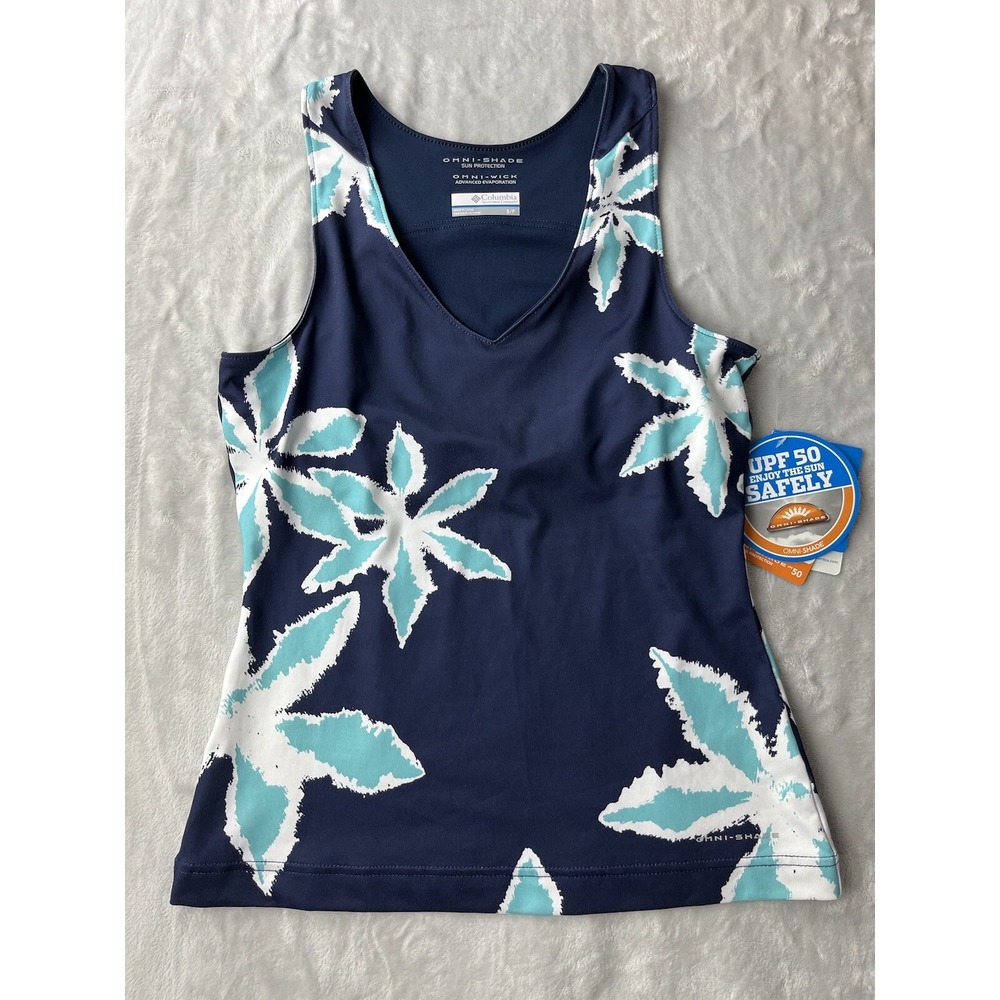 COLUMBIA Top Women Small Petite Blue V-Neck Omni-Shade UPF 50 Omni-Wick